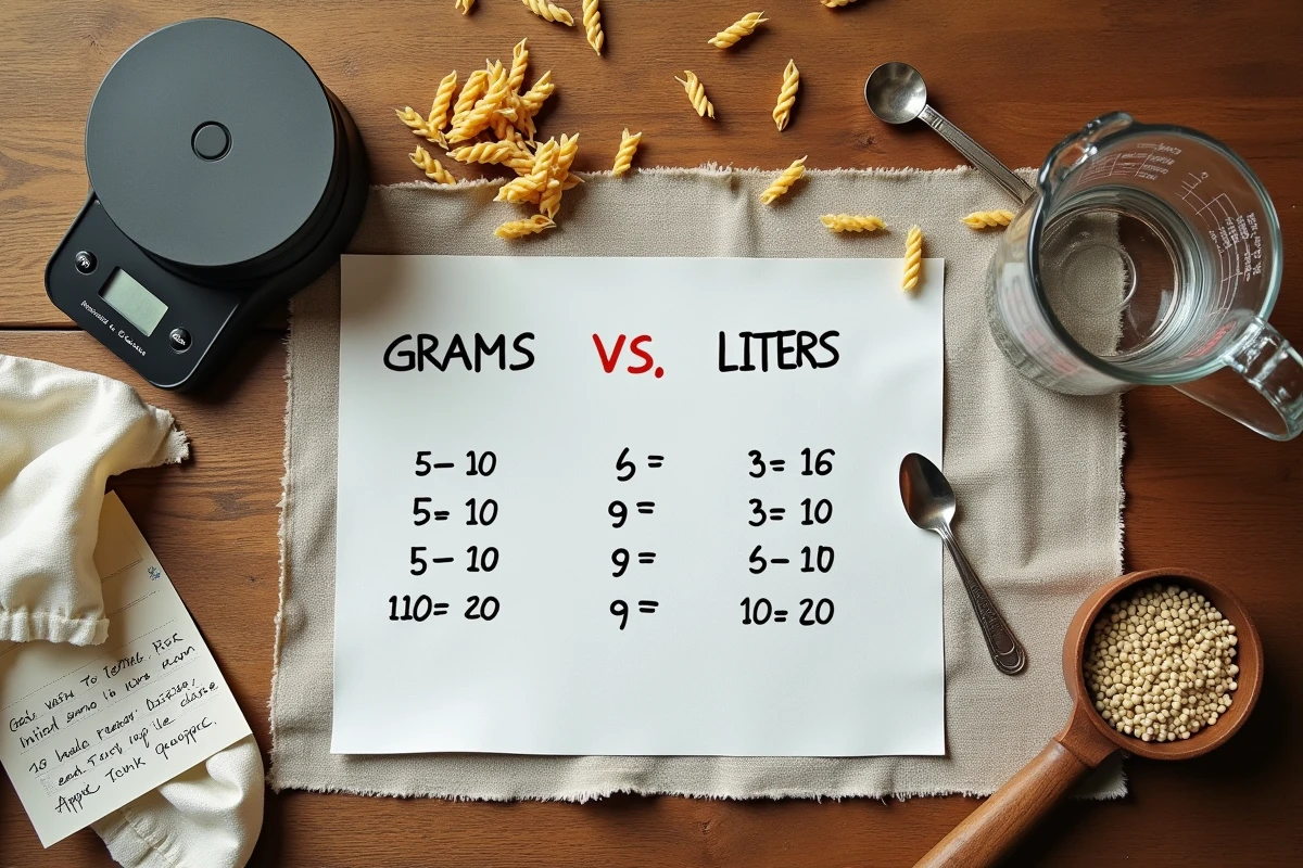 Tableau de conversion grammes et litres manuscrit avec verre doseur et balance numérique sur table en bois