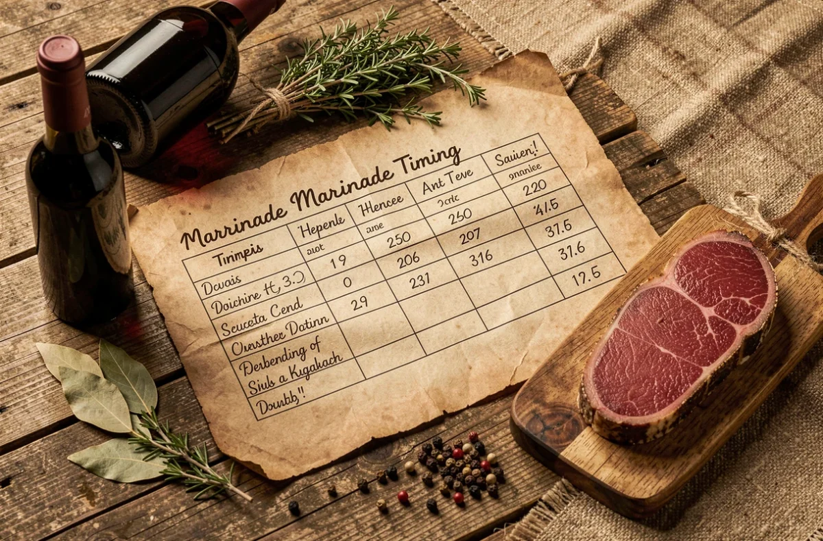 Tableau manuscrit des temps de marinade du chevreuil sur parchemin entouré d'herbes aromatiques et de vin rouge sur bois brut