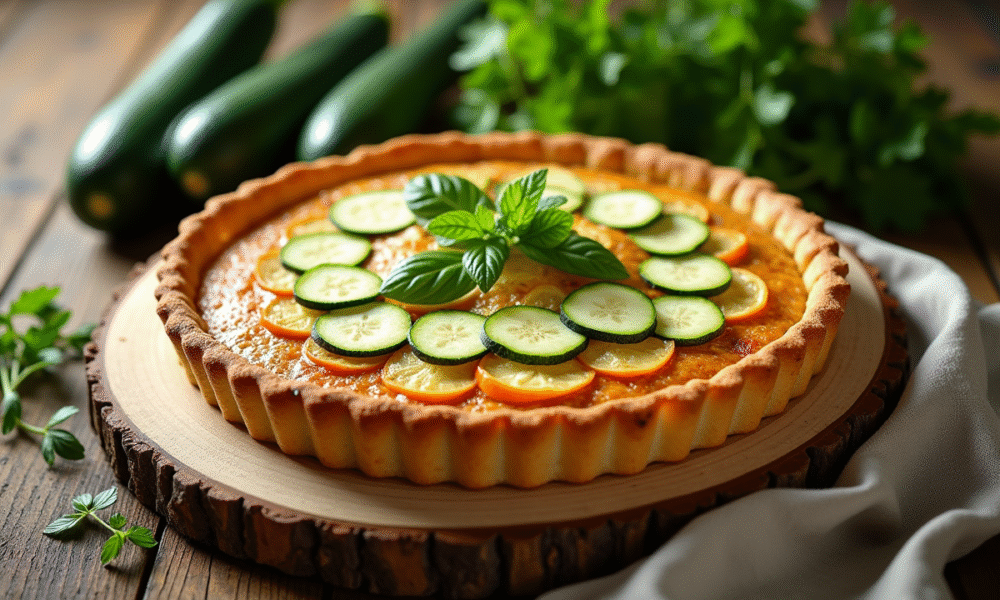 Tarte de courgettes fraîche sortie du four sur une table en bois