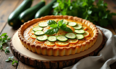 Tarte de courgettes fraîche sortie du four sur une table en bois