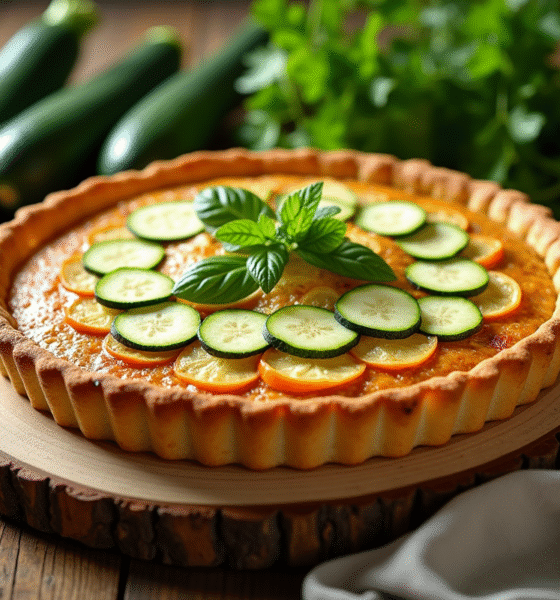 Tarte de courgettes fraîche sortie du four sur une table en bois