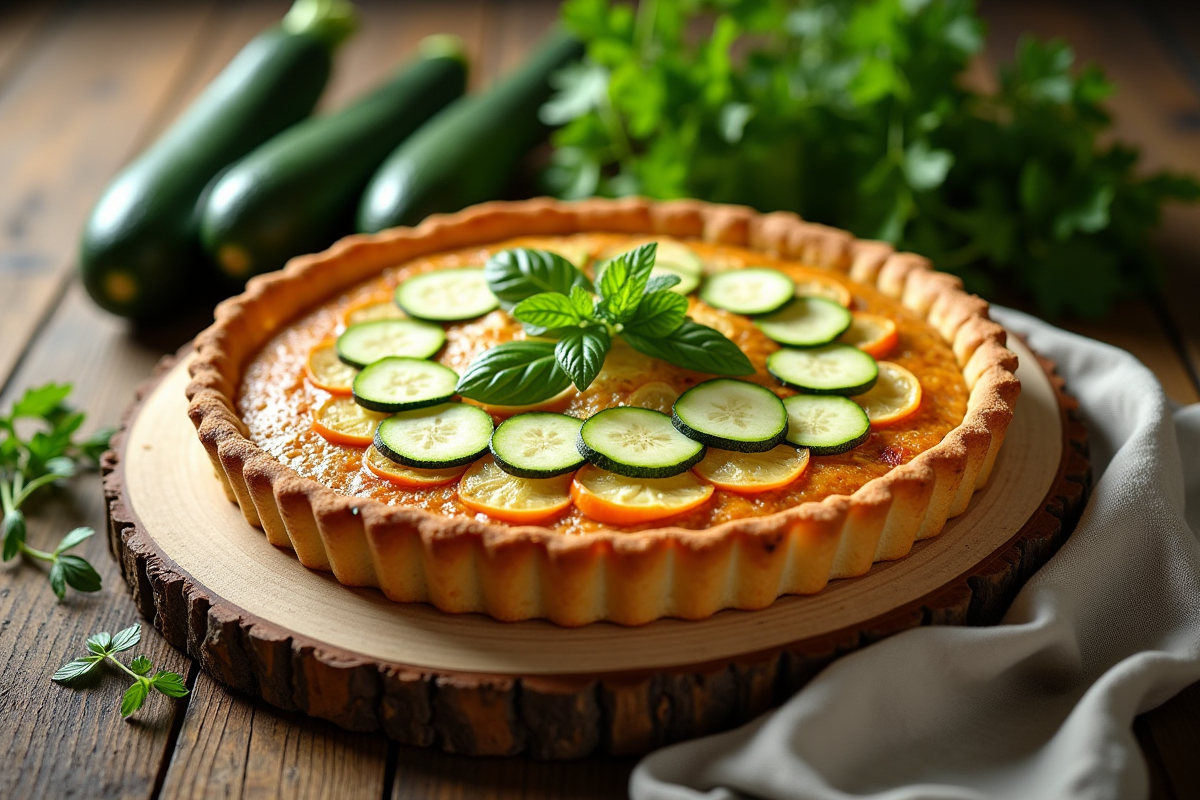 Tarte de courgettes fraîche sortie du four sur une table en bois