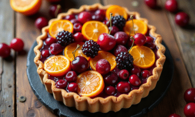 Tarte aux fruits cerises cranberries et clémentines sur table rustique