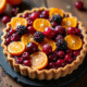Tarte aux fruits cerises cranberries et clémentines sur table rustique