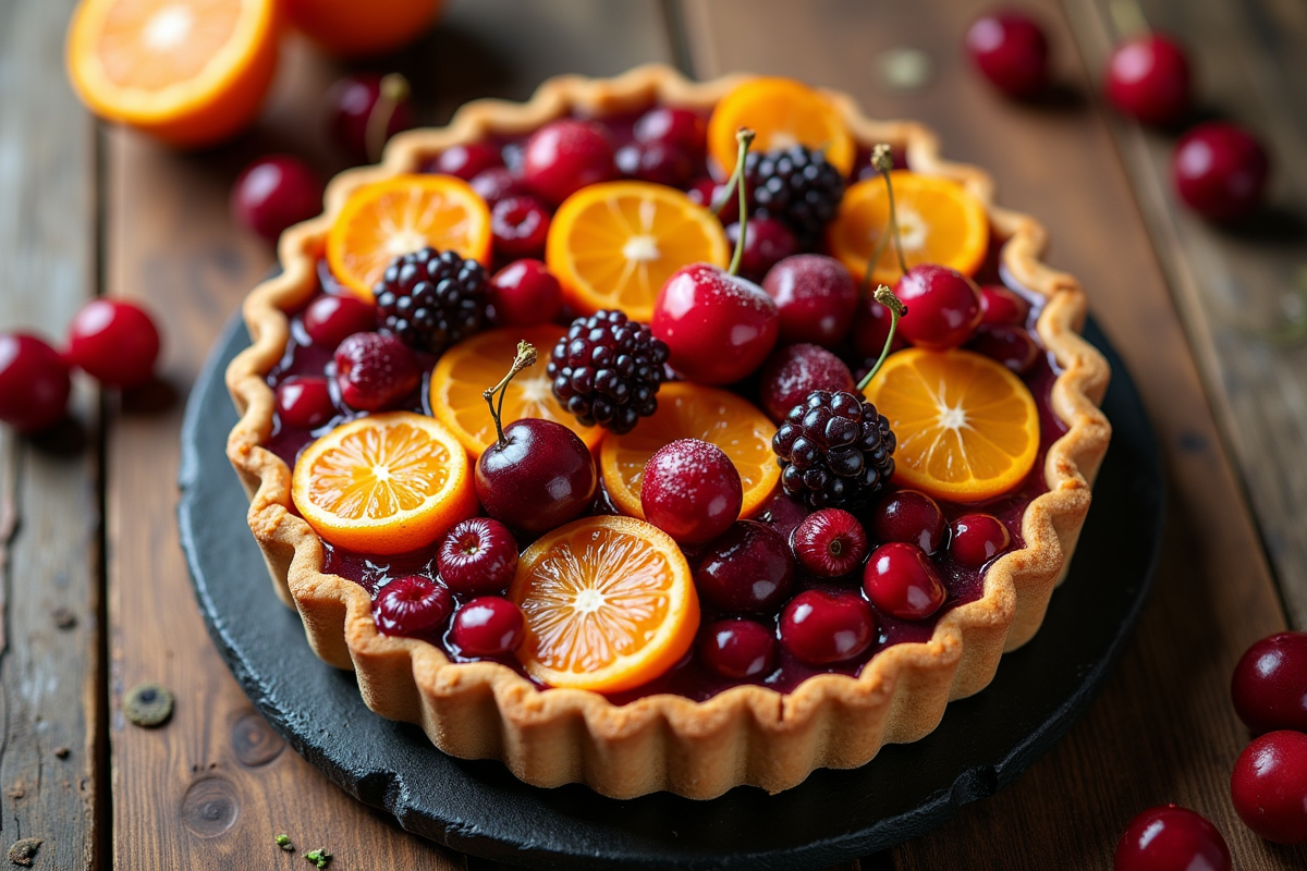 Tarte aux fruits cerises cranberries et clémentines sur table rustique
