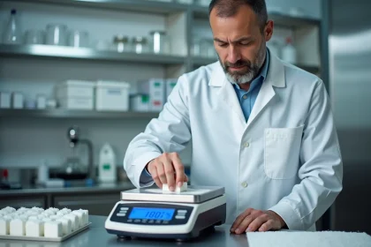 Technicien en laboratoire manipulant un cube de sucre