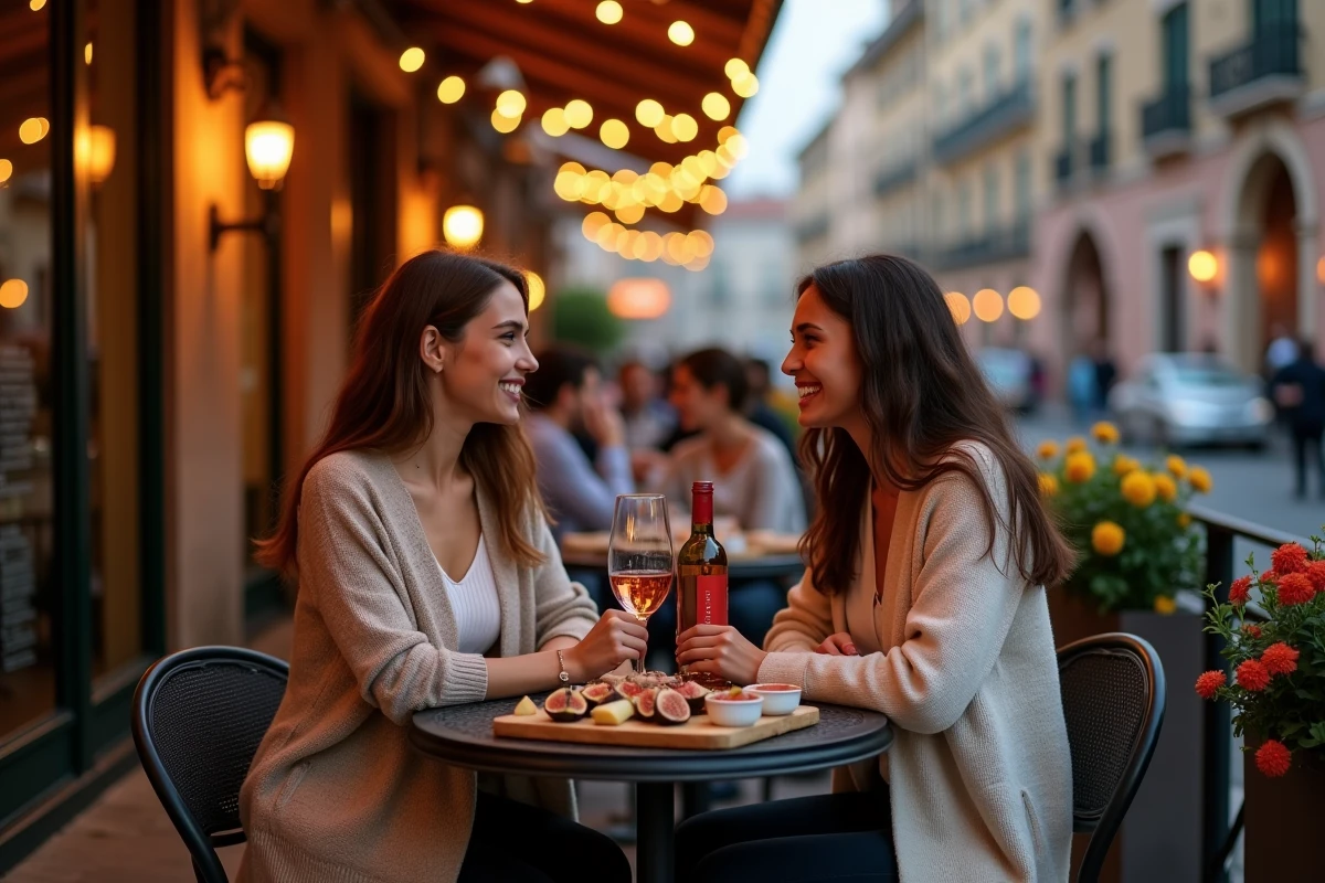Deux amies dînant en terrasse dans un restaurant sympa de Toulouse au crépuscule avec plateau de charcuterie et rosé
