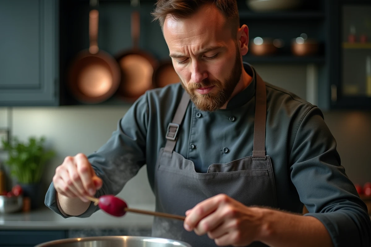 Homme en tablier testant la cuisson d'une betterave rouge avec une pique métallique au-dessus d'une casserole fumante