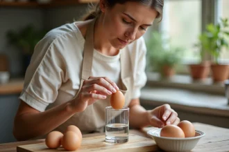 Femme testant la fraîcheur d'un œuf dans un verre d'eau sur un plan de travail en bois rustique