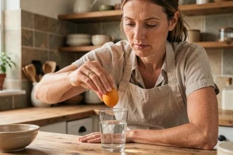 Femme effectuant le test de l'œuf dans un verre d'eau pour vérifier la fraîcheur des œufs dans une cuisine rustique