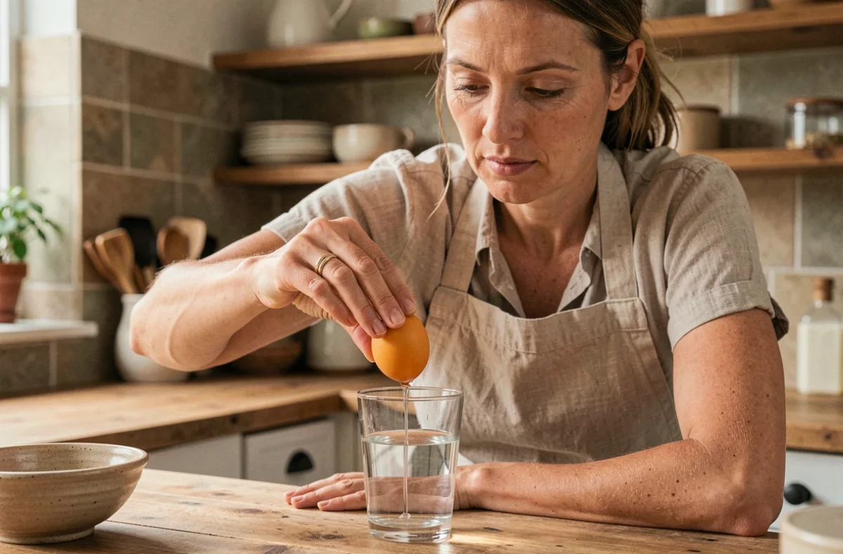 Femme effectuant le test de l'œuf dans un verre d'eau pour vérifier la fraîcheur des œufs dans une cuisine rustique
