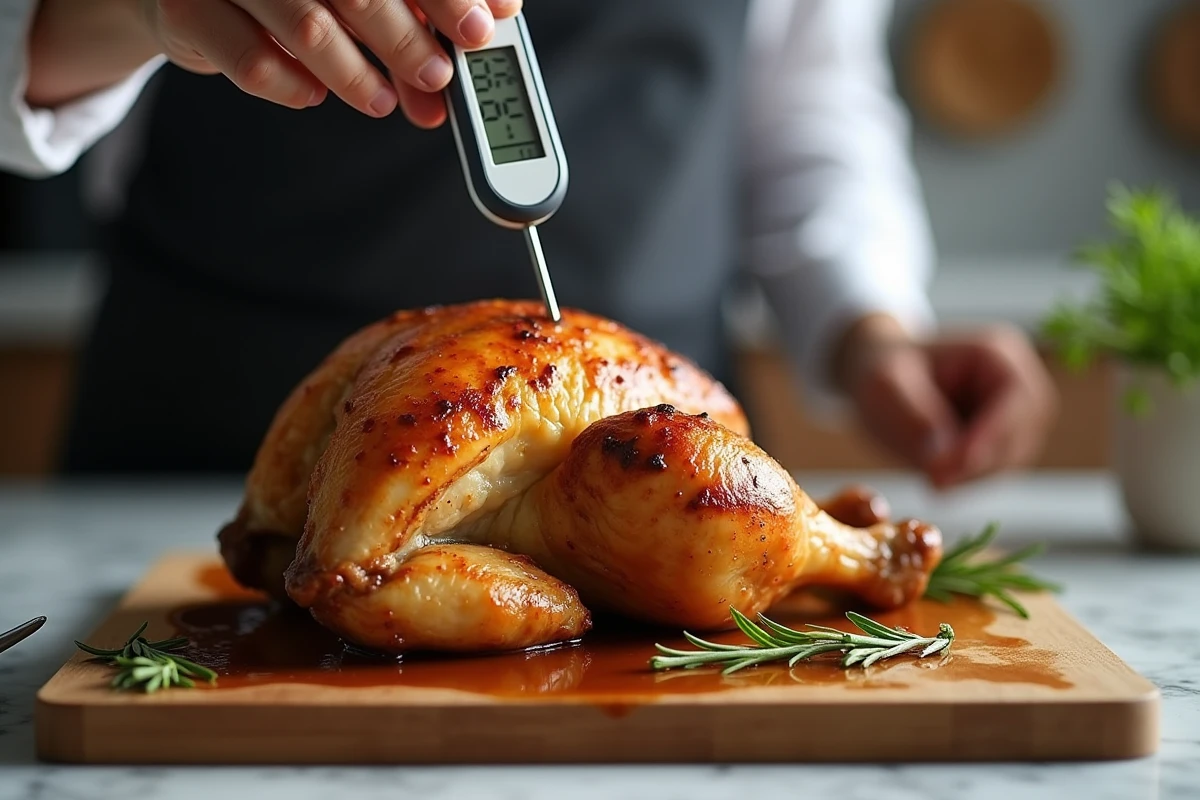Vérification de la température interne d'un poulet rôti avec un thermomètre à sonde pour éviter qu'il soit desséché