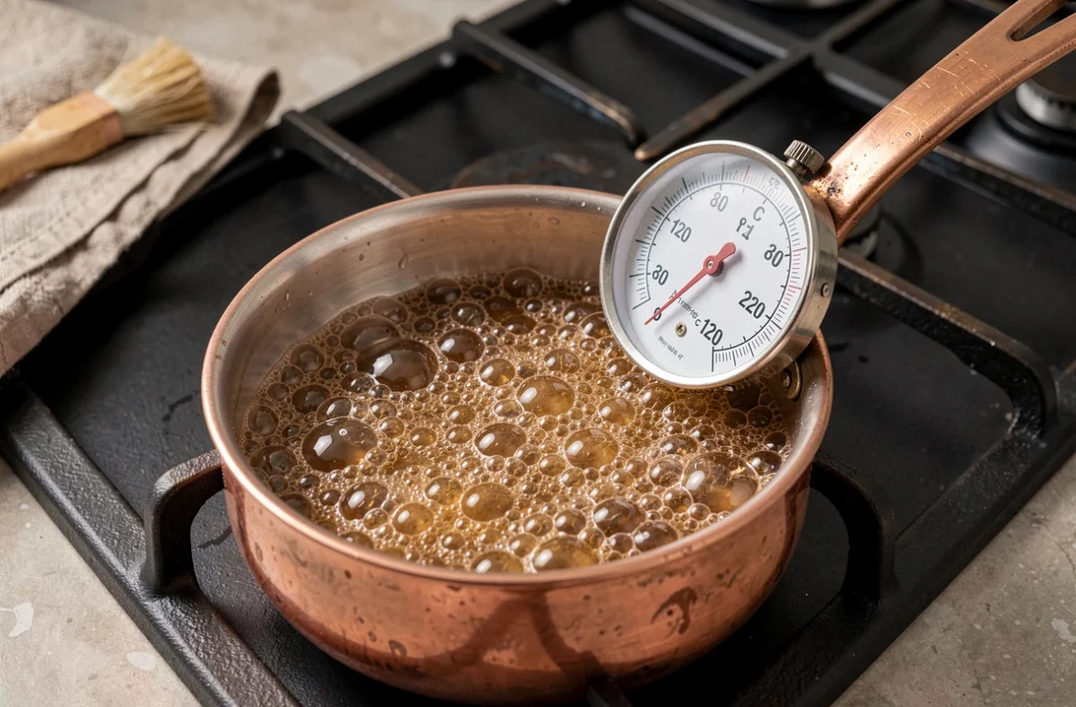 Thermomètre à sucre indiquant 121°C dans une casserole en cuivre avec sirop bouillant pour pâte à bombe