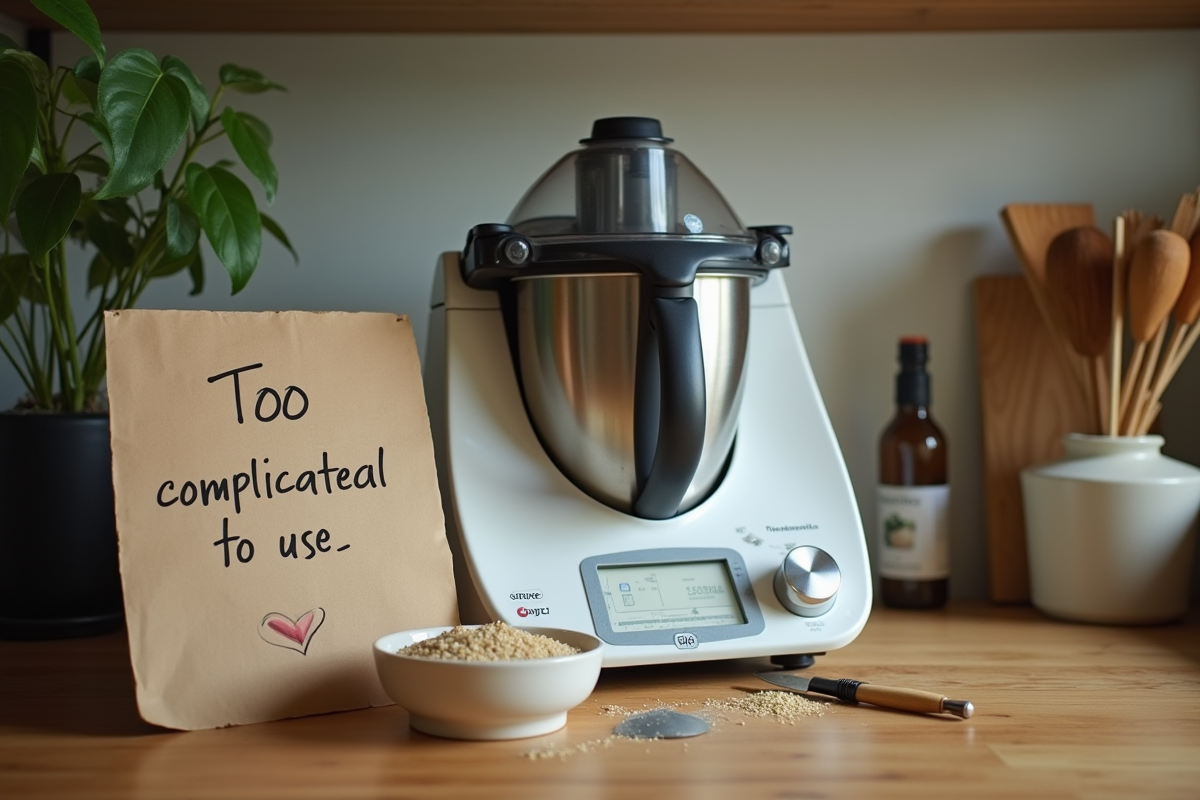 Thermomix poussiere sur une étagère avec note disant trop compliqué