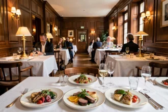 Vue panoramique d'une salle de restaurant gastronomique dans le Nord de la France avec nappes blanches et assiettes raffinées