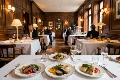 Vue panoramique d'une salle de restaurant gastronomique dans le Nord de la France avec nappes blanches et assiettes raffinées