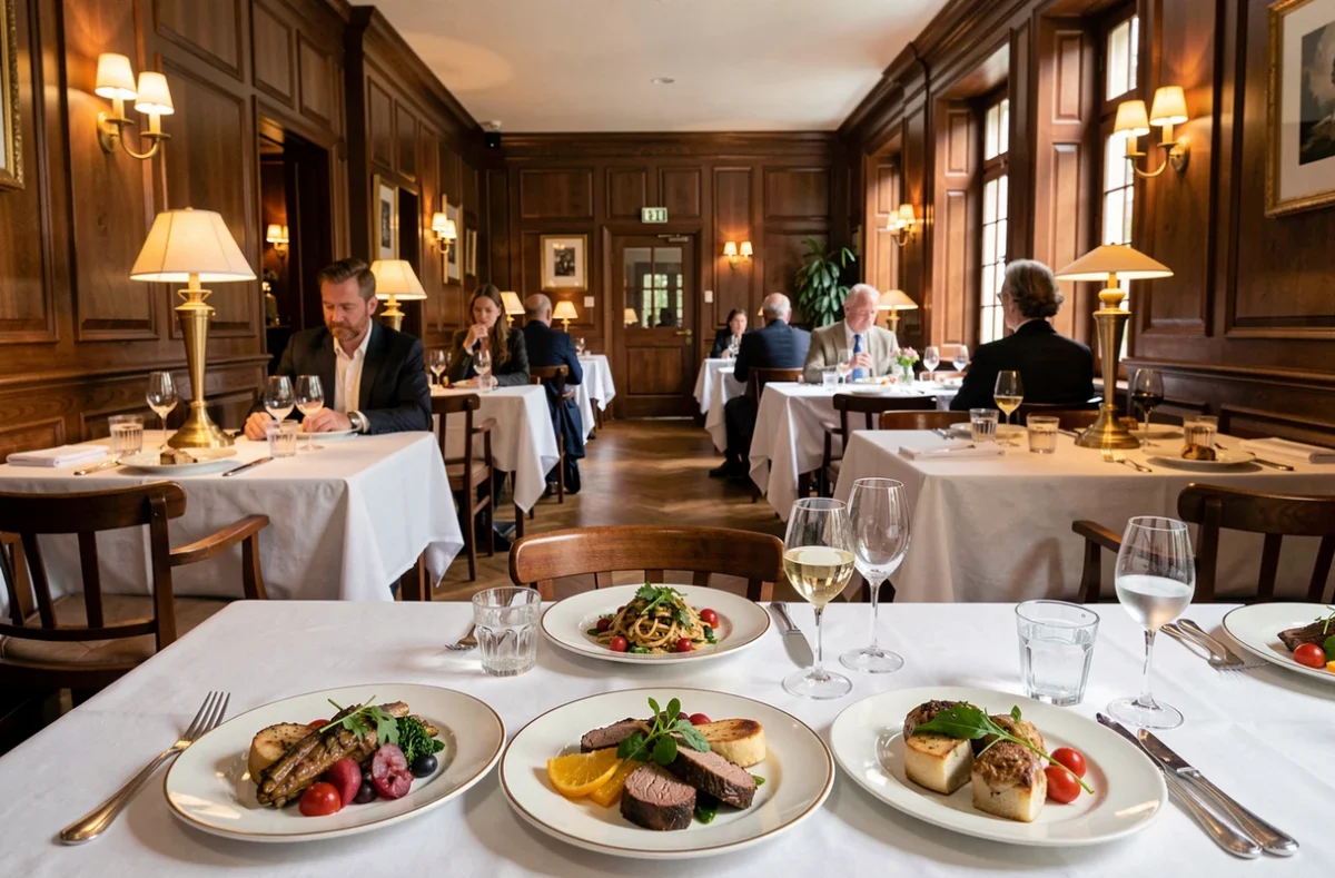 Vue panoramique d'une salle de restaurant gastronomique dans le Nord de la France avec nappes blanches et assiettes raffinées