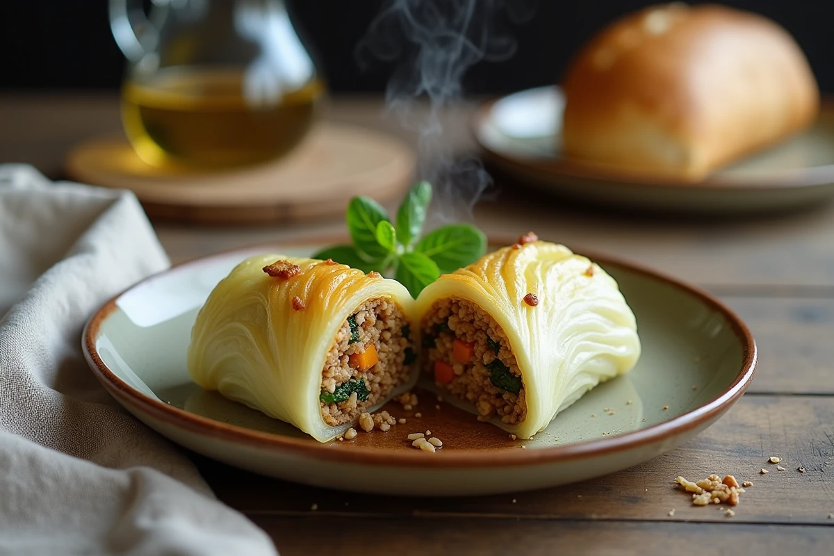 Tranche de chou farci végétarien sur une assiette en céramique