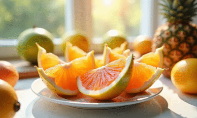 Tranches de starfruit fraîche sur une assiette blanche lumineuse