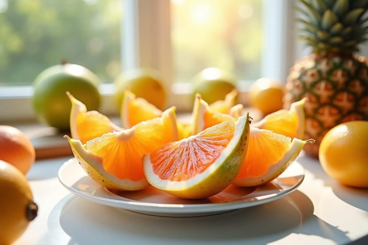 Tranches de starfruit fraîche sur une assiette blanche lumineuse
