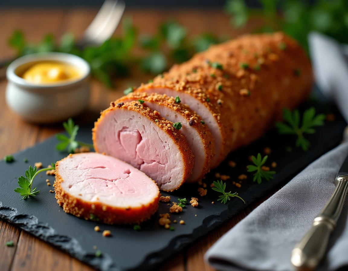 Tranches de filet mignon à la moutarde aux herbes juteuses et dorées sur ardoise avec moutarde à l'ancienne
