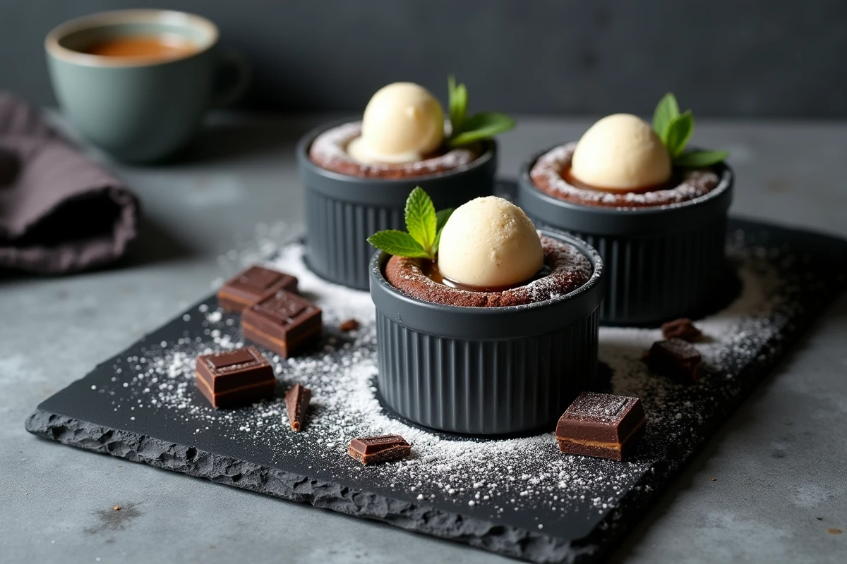 Trio de fondants au chocolat en ramequins sur ardoise avec glace vanille fondante et éclats de chocolat noir