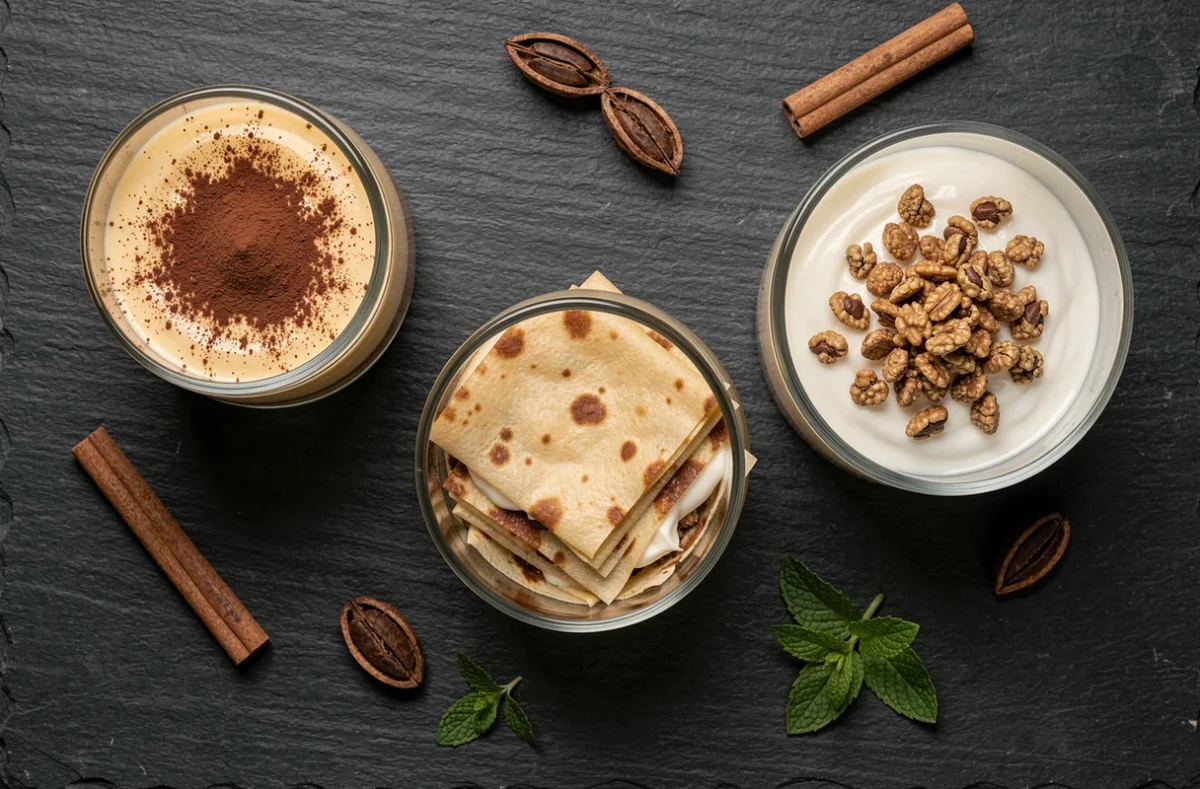 Vue de dessus de trois verrines trompe l'oeil différentes sur ardoise sombre imitant tiramisu, lasagne et bol de petit-déjeuner en version pâtisserie créative