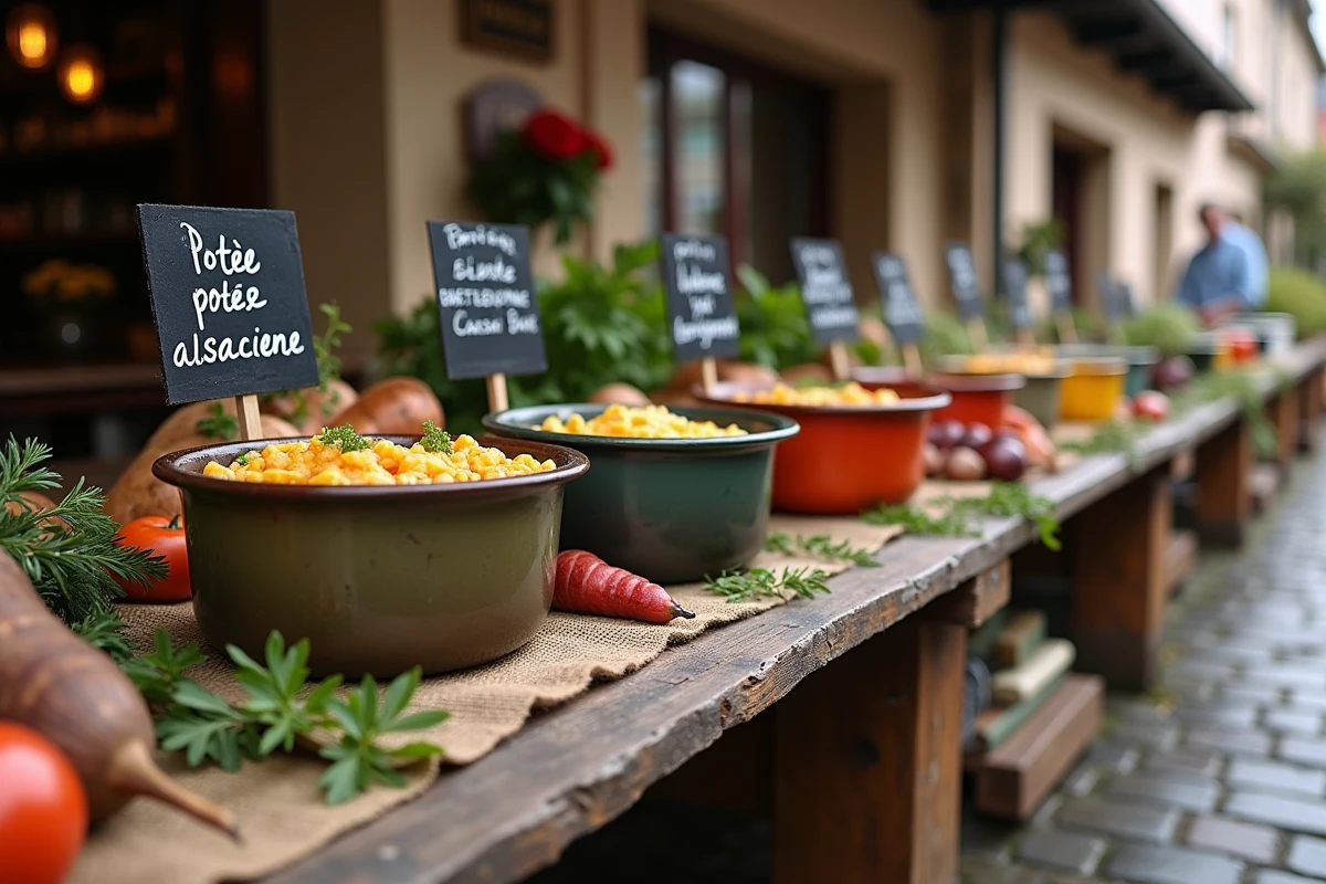 Trois potées régionales françaises présentées côte à côte sur une table en bois à un marché extérieur alsacien avec architecture à colombages et légumes rustiques