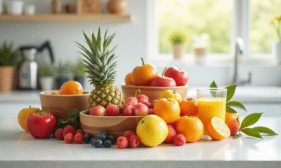 Variété de fruits frais dans des contenants sur un plan de travail