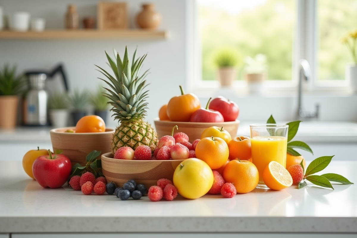 Variété de fruits frais dans des contenants sur un plan de travail