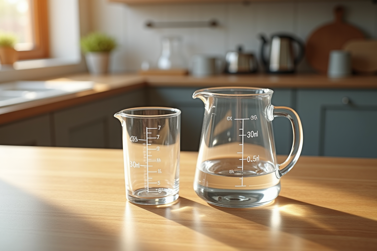Verre doseur en cuisine avec outil de mesure en haut