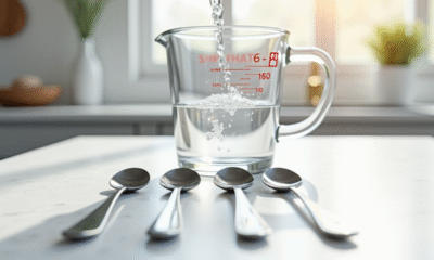 Verre mesureur versant de l'eau dans des cuillères en inox sur un plan de travail blanc
