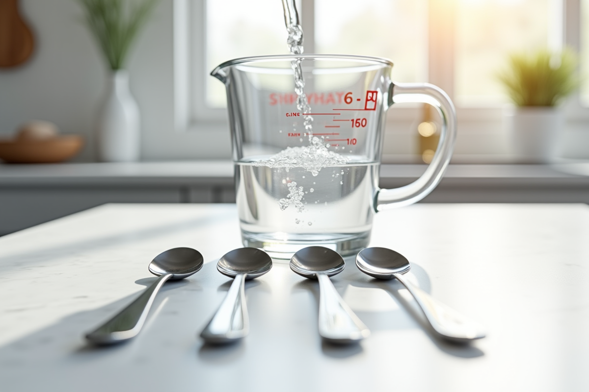 Verre mesureur versant de l'eau dans des cuillères en inox sur un plan de travail blanc