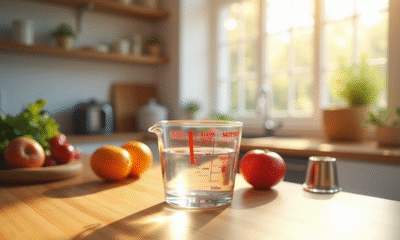 Verre mesureur rempli de 500 ml d'eau sur plan de cuisine lumineux
