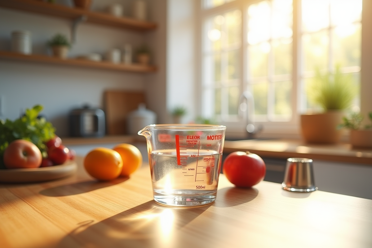 Verre mesureur rempli de 500 ml d'eau sur plan de cuisine lumineux