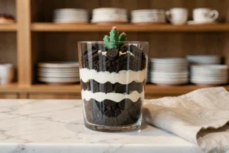 Verrine trompe l'oeil effet jardin miniature avec sol en cookie émietté et cactus en fondant, posée sur un comptoir en marbre blanc de pâtisserie