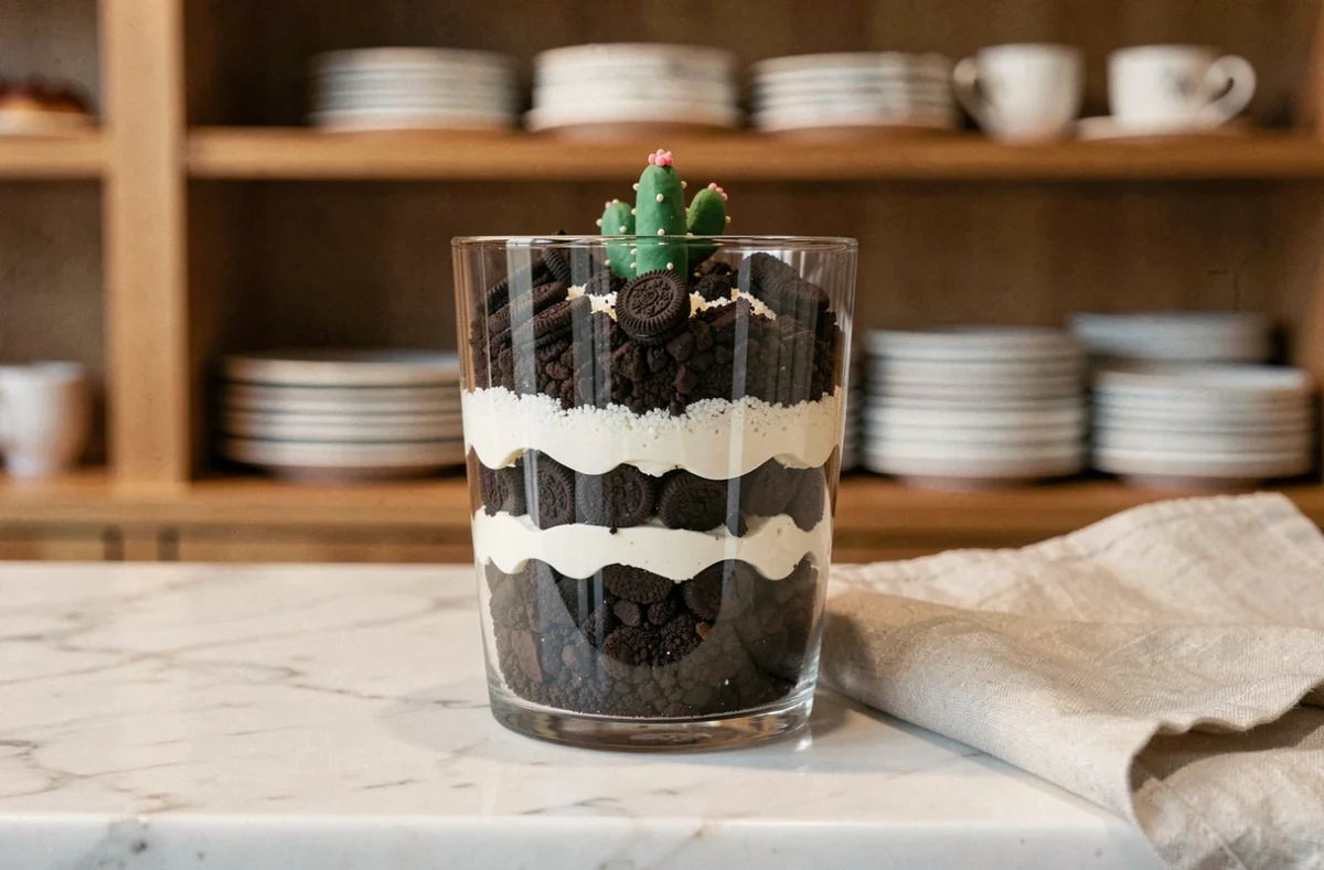 Verrine trompe l'oeil effet jardin miniature avec sol en cookie émietté et cactus en fondant, posée sur un comptoir en marbre blanc de pâtisserie