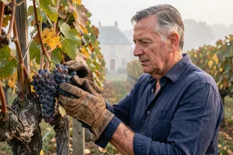 Vigneron inspecte une grappe de Cabernet Franc en Val de Loire à la vendange automnale