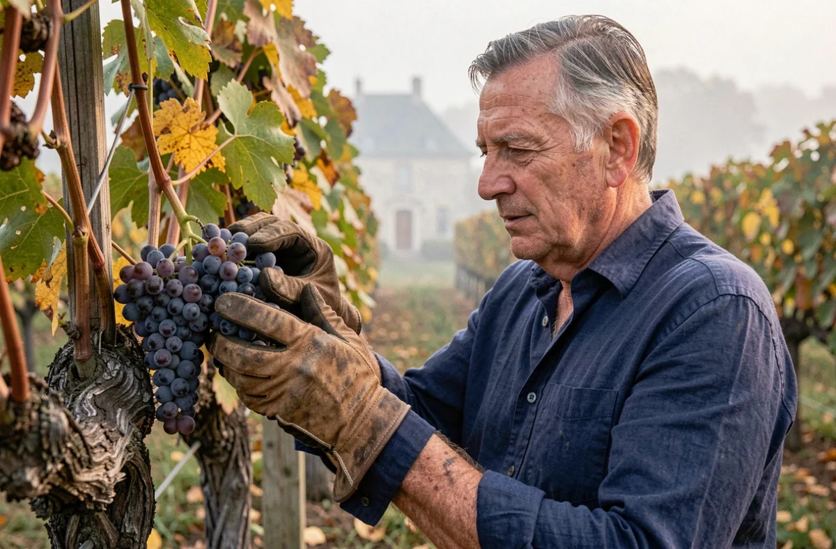 Vigneron inspecte une grappe de Cabernet Franc en Val de Loire à la vendange automnale