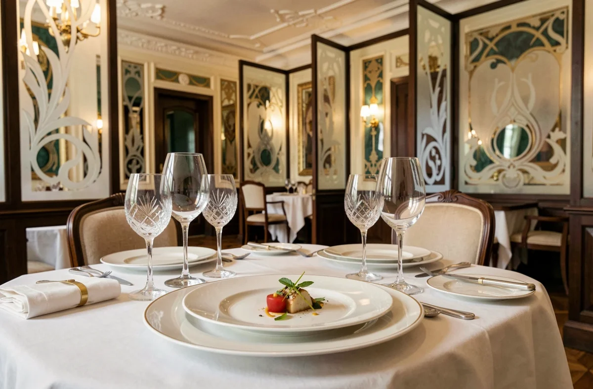 Table gastronomique dressée à la Villa René Lalique à Wingen-sur-Moder, avec verrerie Art Nouveau et porcelaine raffinée