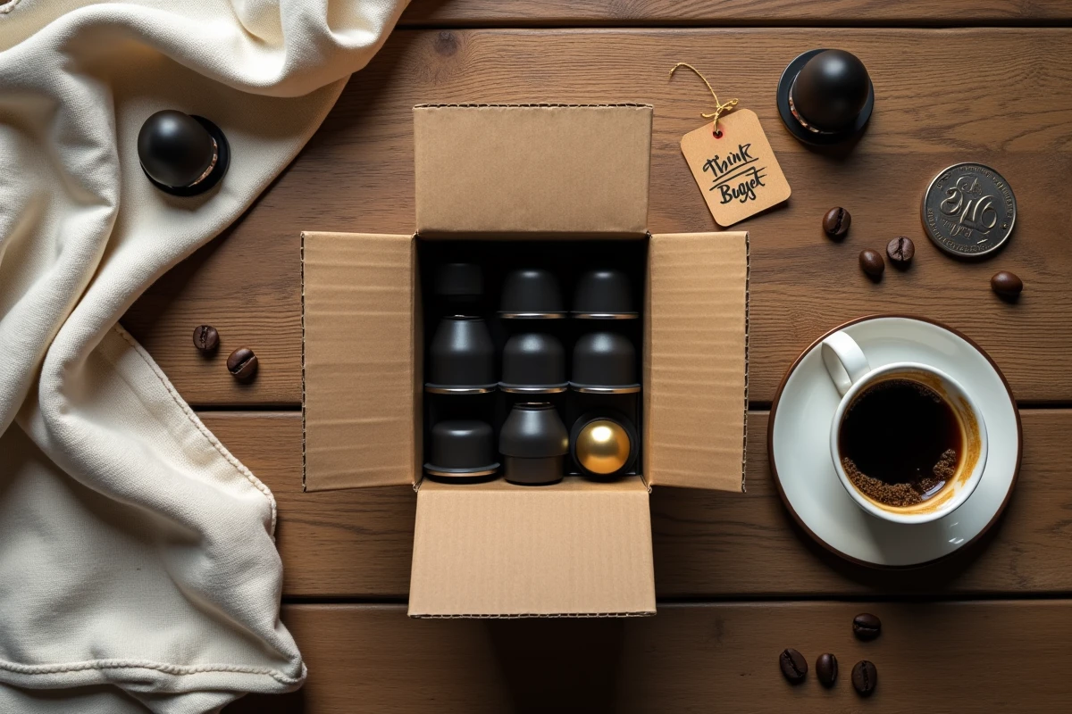 Vue aérienne comparative de capsules compatibles Nespresso et originales avec pièces de monnaie symbolisant les économies budget café