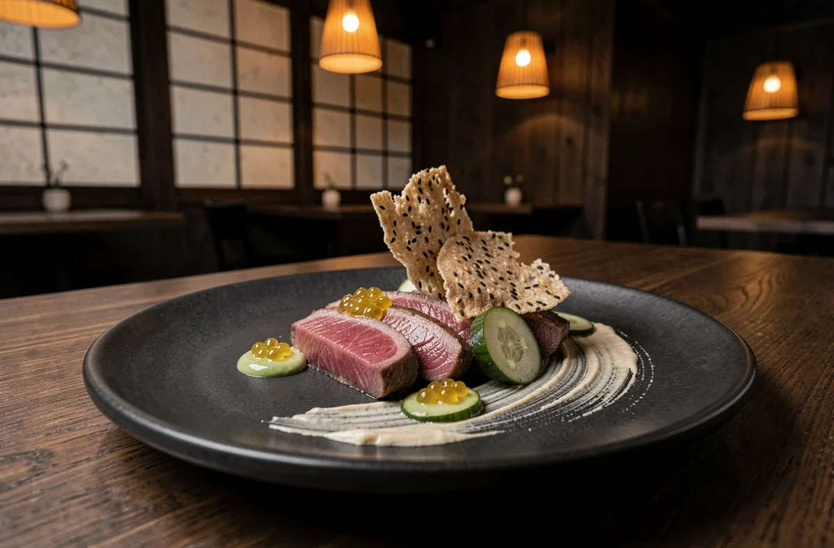 Assiette de cuisine fusion japonaise-française du restaurant Yozora à Metz, wagyu et gel de yuzu sur céramique sombre